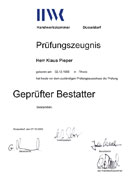 Prüfungzeugnis »Geprüfter Bestatter«